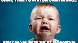 a baby crying with white text