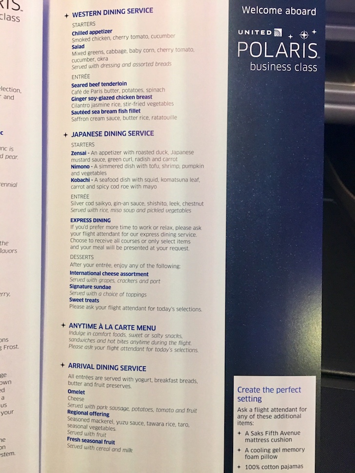 a menu of a business class