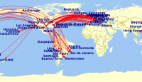 a map of the world with red lines