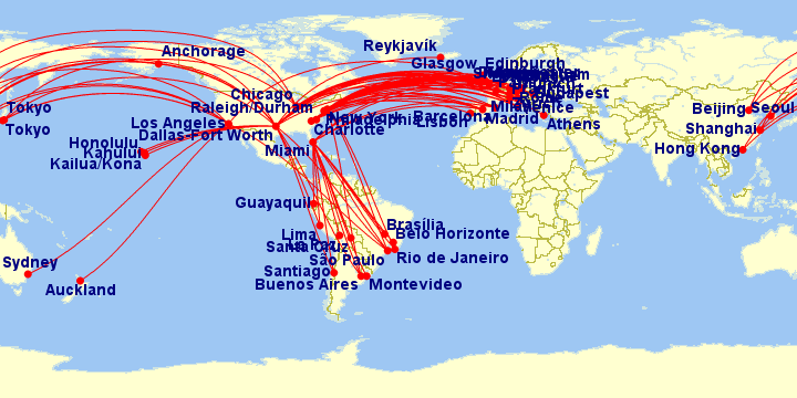 a map of the world with red lines
