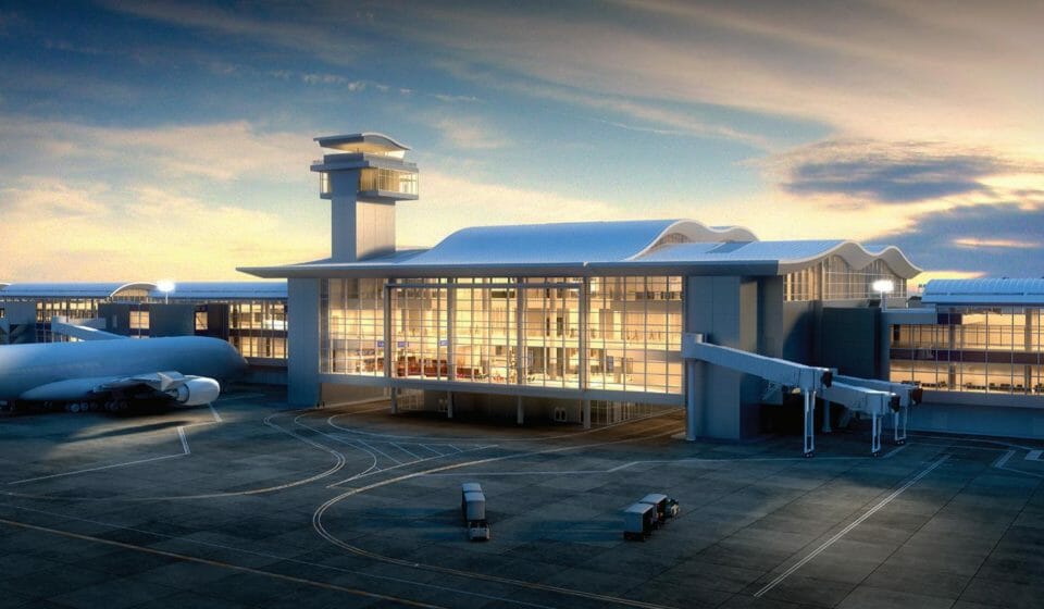 a building with a tower and a runway