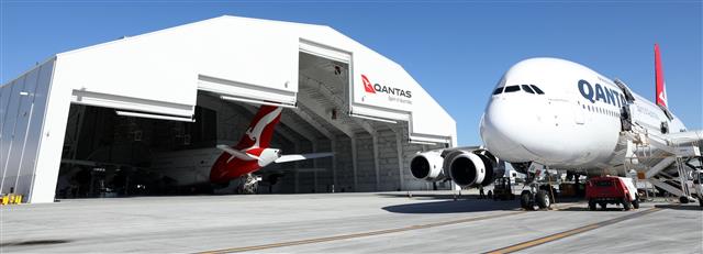 a plane parked in a hangar