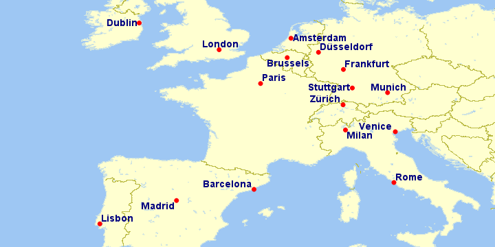 a map of europe with cities