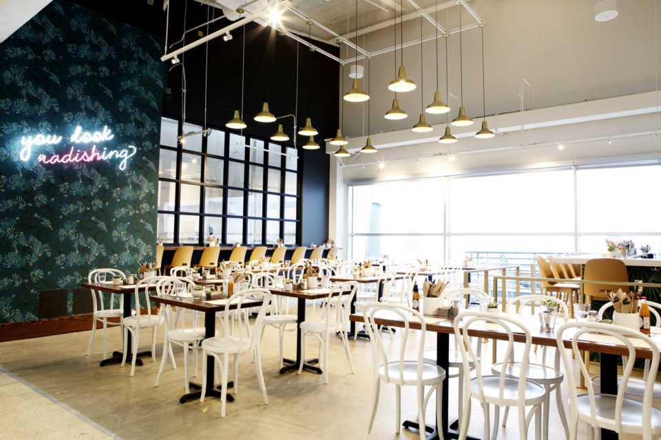 a room with tables and chairs