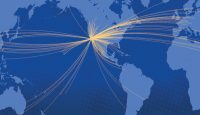 a map of the world with light trails