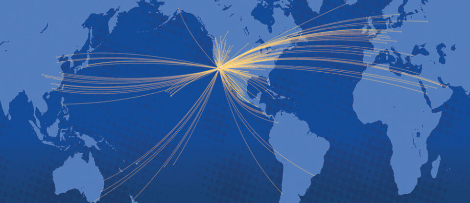 a map of the world with light trails