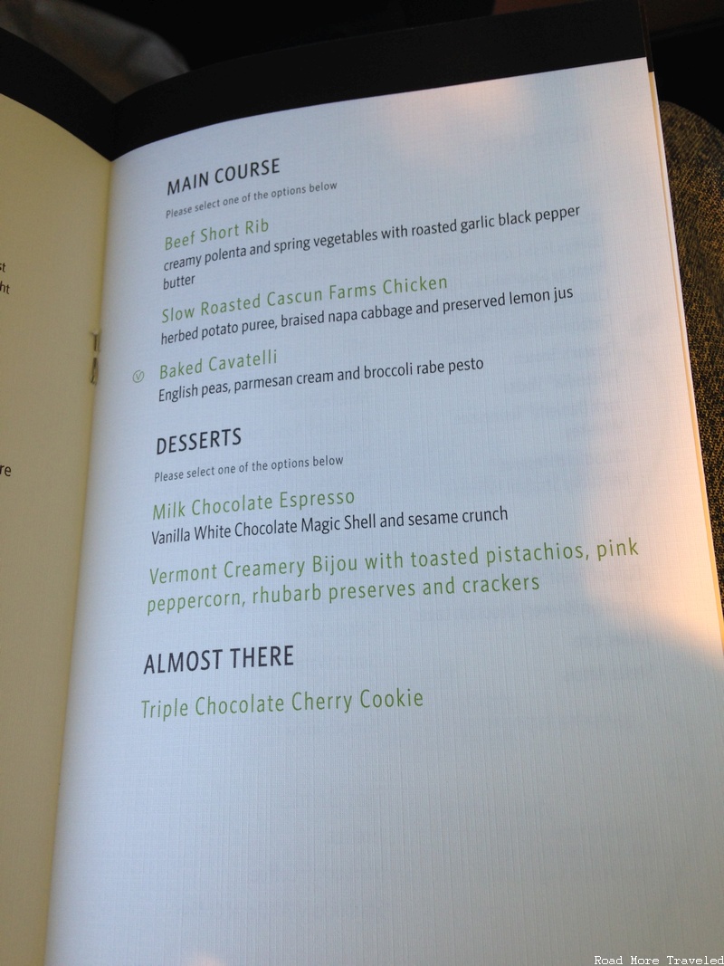 Delta One - main course and dessert menu