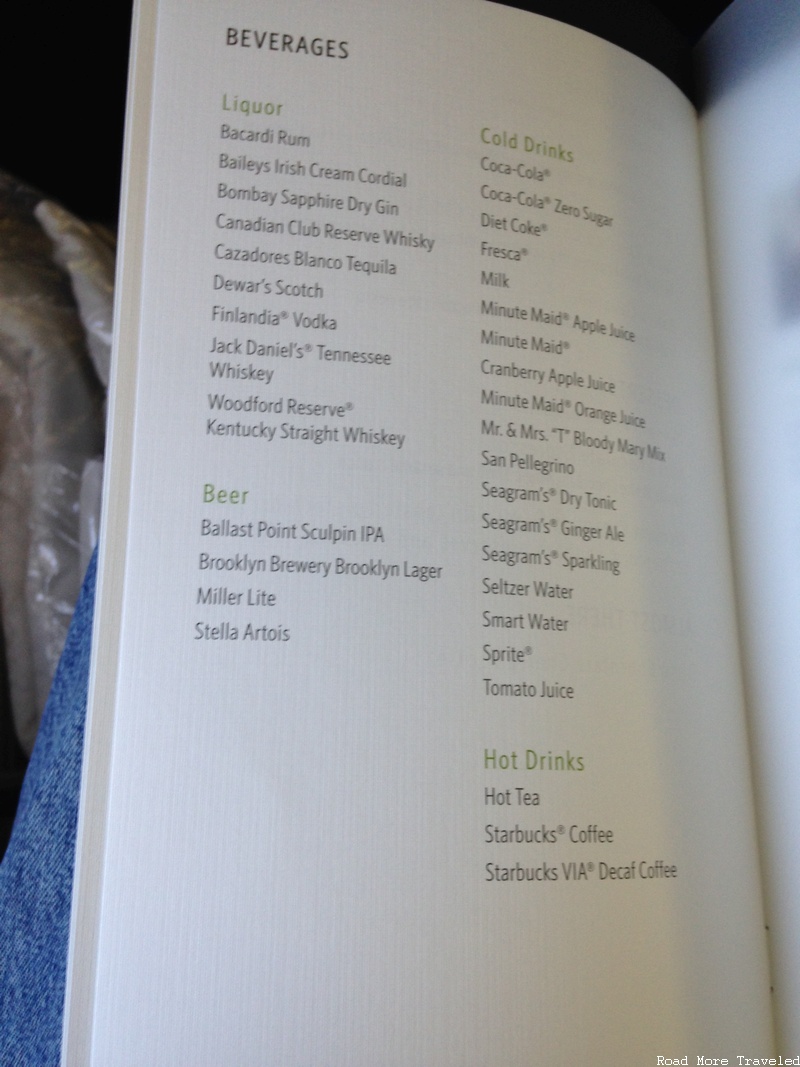 Delta One beverage menu