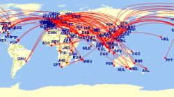 a map of the world with red lines and blue dots