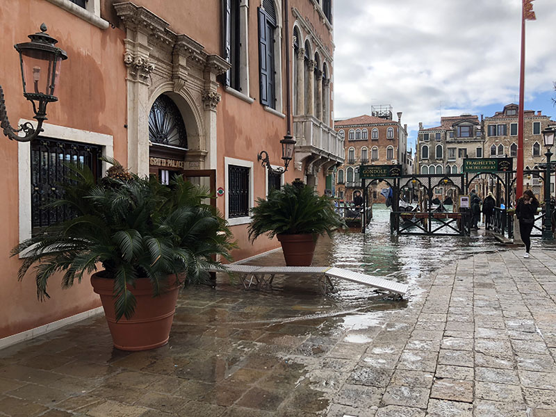 a flooded street with potted plants and a ramp