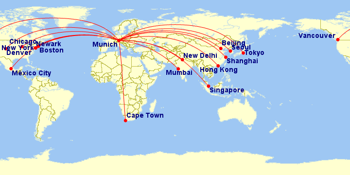 a map of the world with red lines