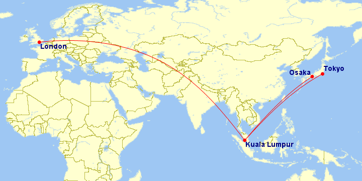 a map of the world with a red line