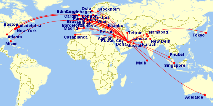 a map of the world with red lines and blue dots