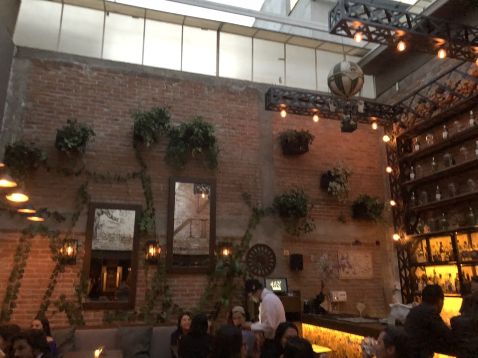 a group of people sitting in a room with brick walls and plants