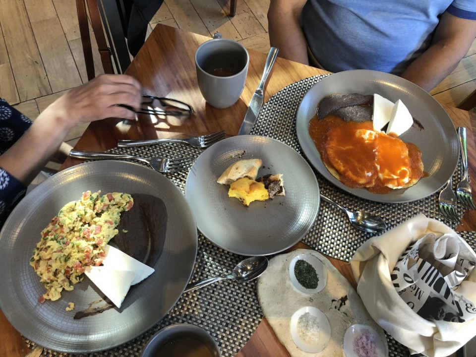 a table with plates of food