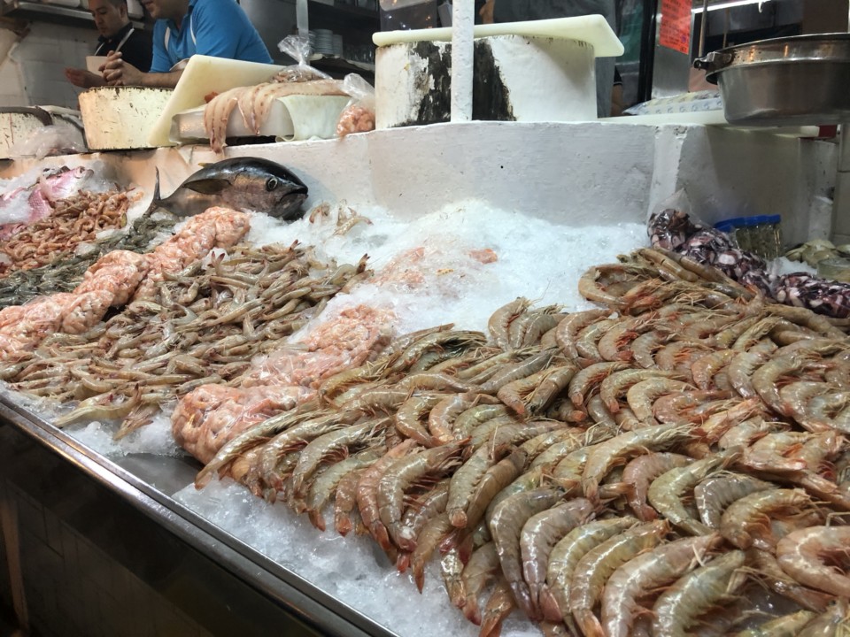 a display of seafood on ice