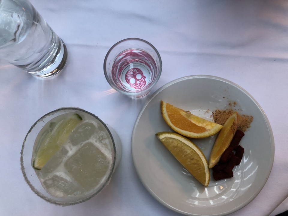 a plate of food and a glass of water