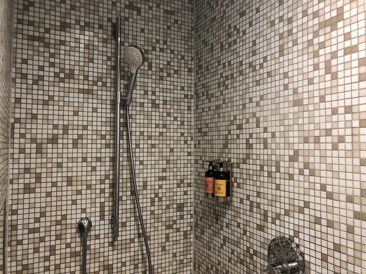 a shower with a shower head and a shower head