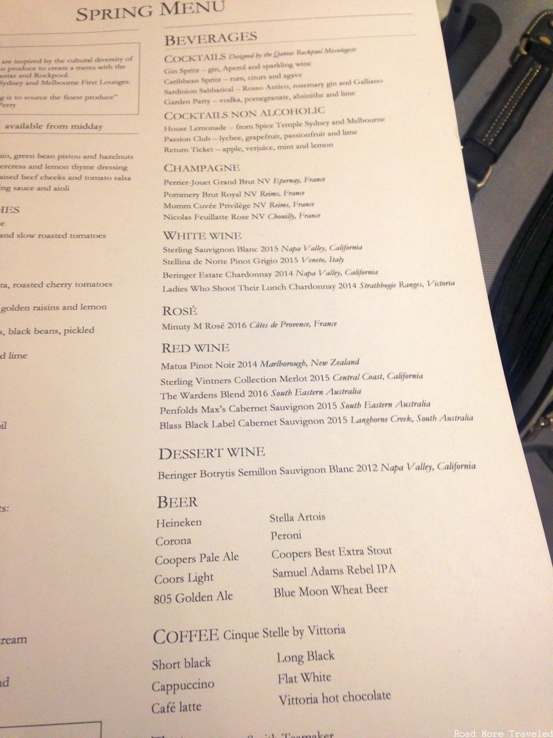 Qantas First Lounge LAX - drinks menu