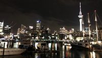 a city skyline at night