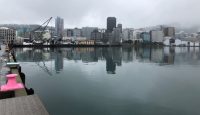 a body of water with a city in the background