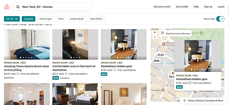 Airbnb NYC Search Results