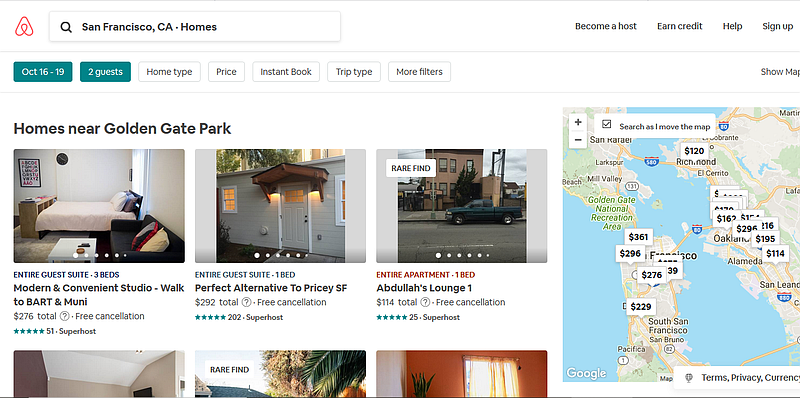 Airbnb San Francisco Search Results