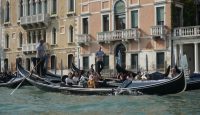 a group of people in a gondola