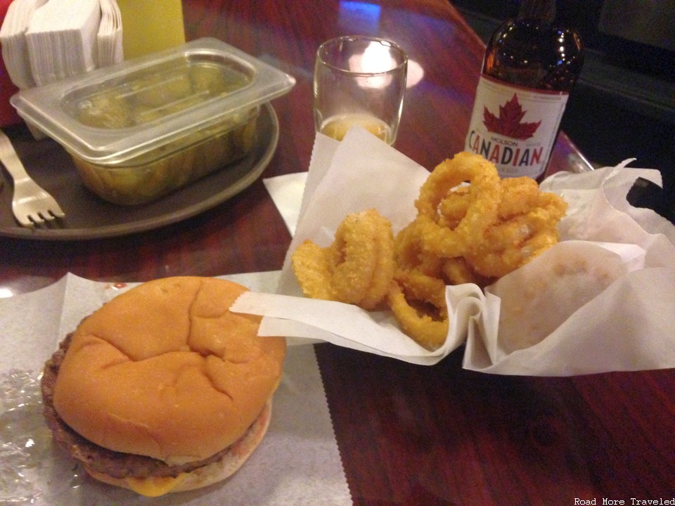 Miller's Bar - cheeseburger, onion rings, and Molson