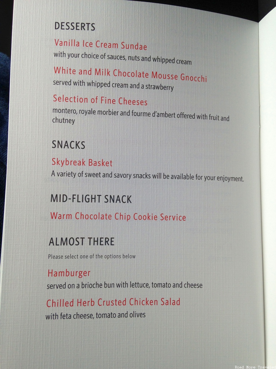 Delta One A350 menu - deserts/snacks/pre-landing meal