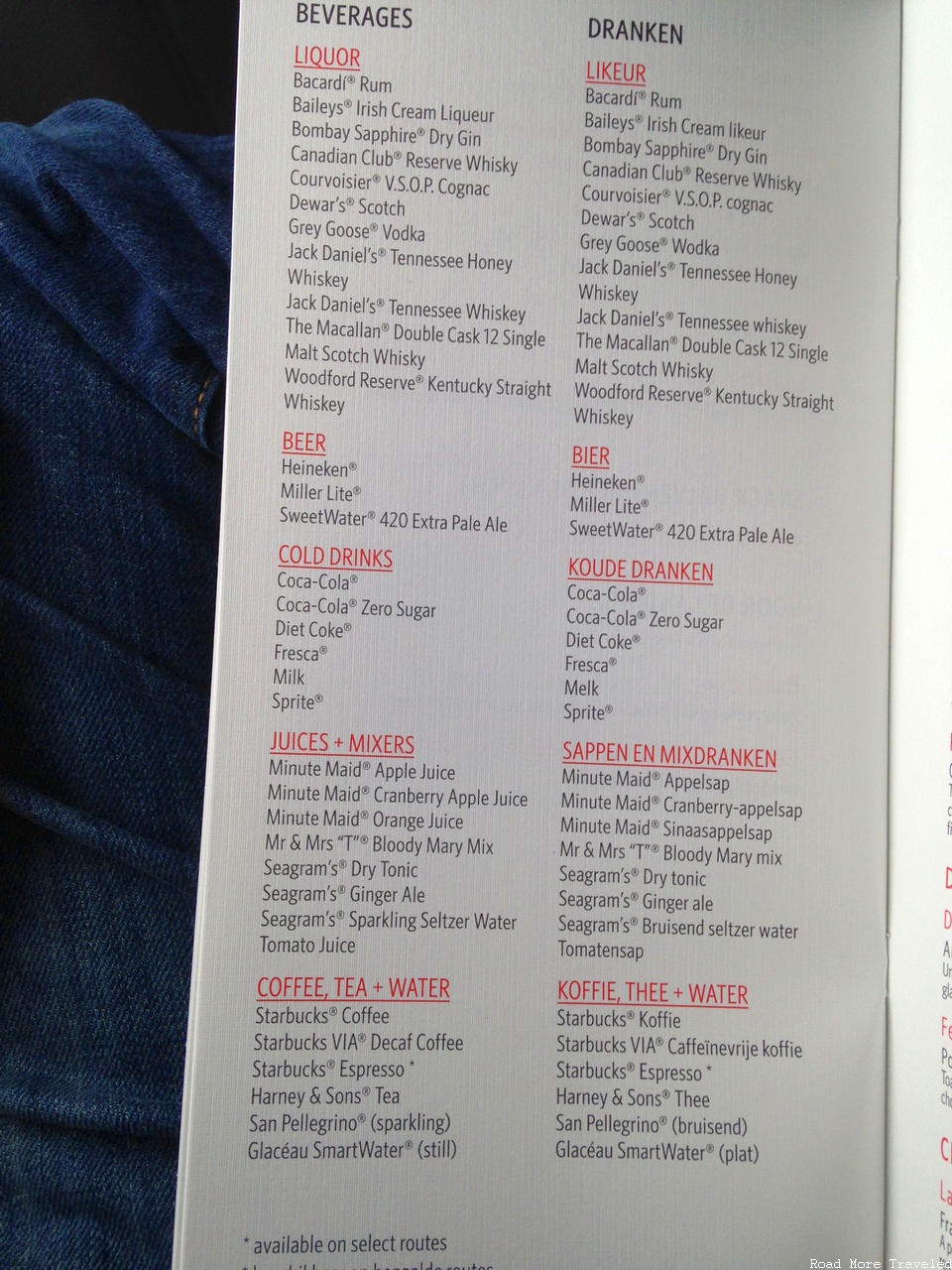 Delta One A350 menu - beverages