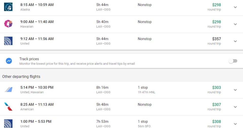 a screenshot of a flight schedule