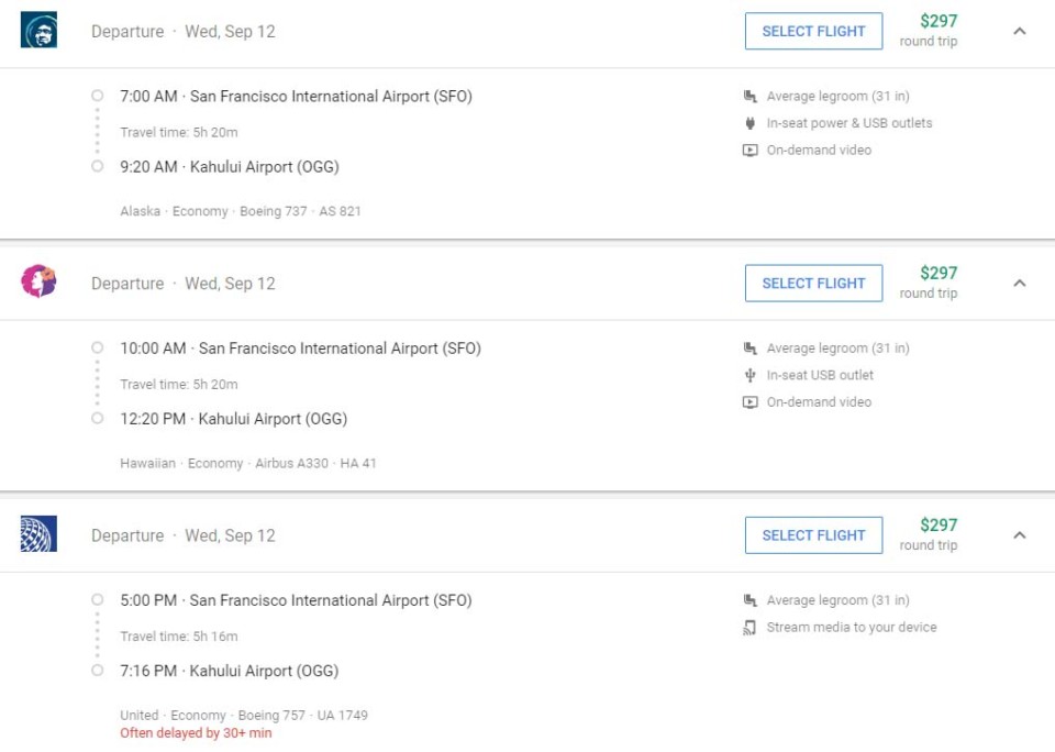 a screenshot of a flight schedule