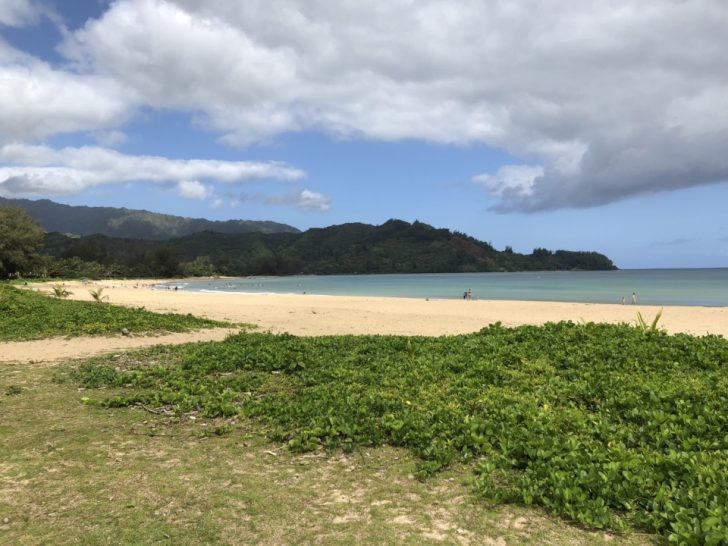 a beach with a body of water and mountains in the background