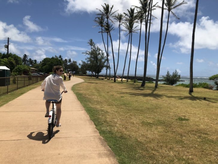 a person riding a bike on a path near trees and water
