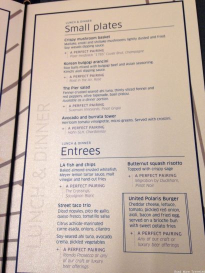 United Polaris Lounge Los Angeles - lunch and dinner menu
