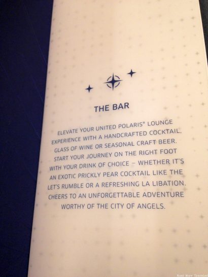 United Polaris Lounge Los Angeles - cocktail menu introduction