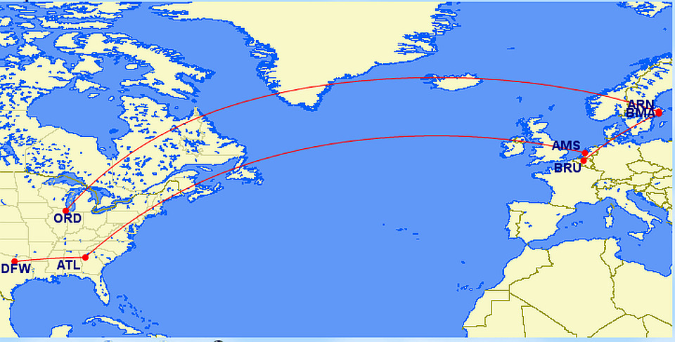 Route Map DFW-AMS-ARN-DFW