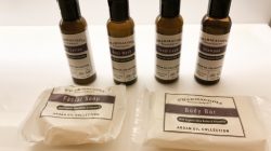 a group of bottles of body soap and a bar of soap