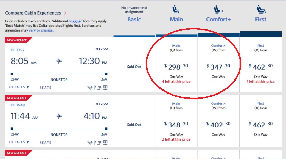 Delta DFW-LGA Fare Options