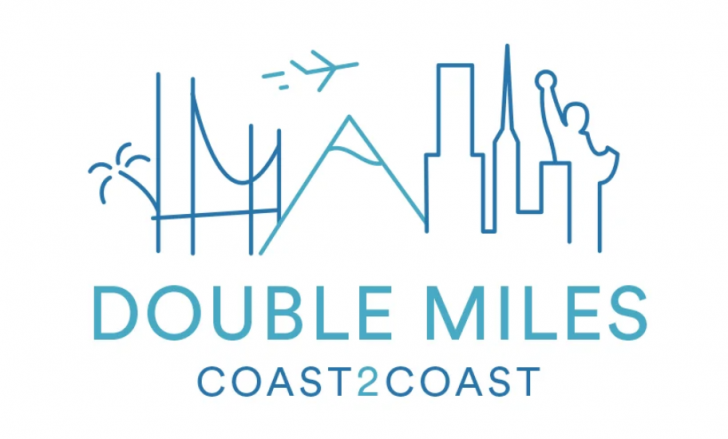 a blue and white logo with buildings and a plane flying