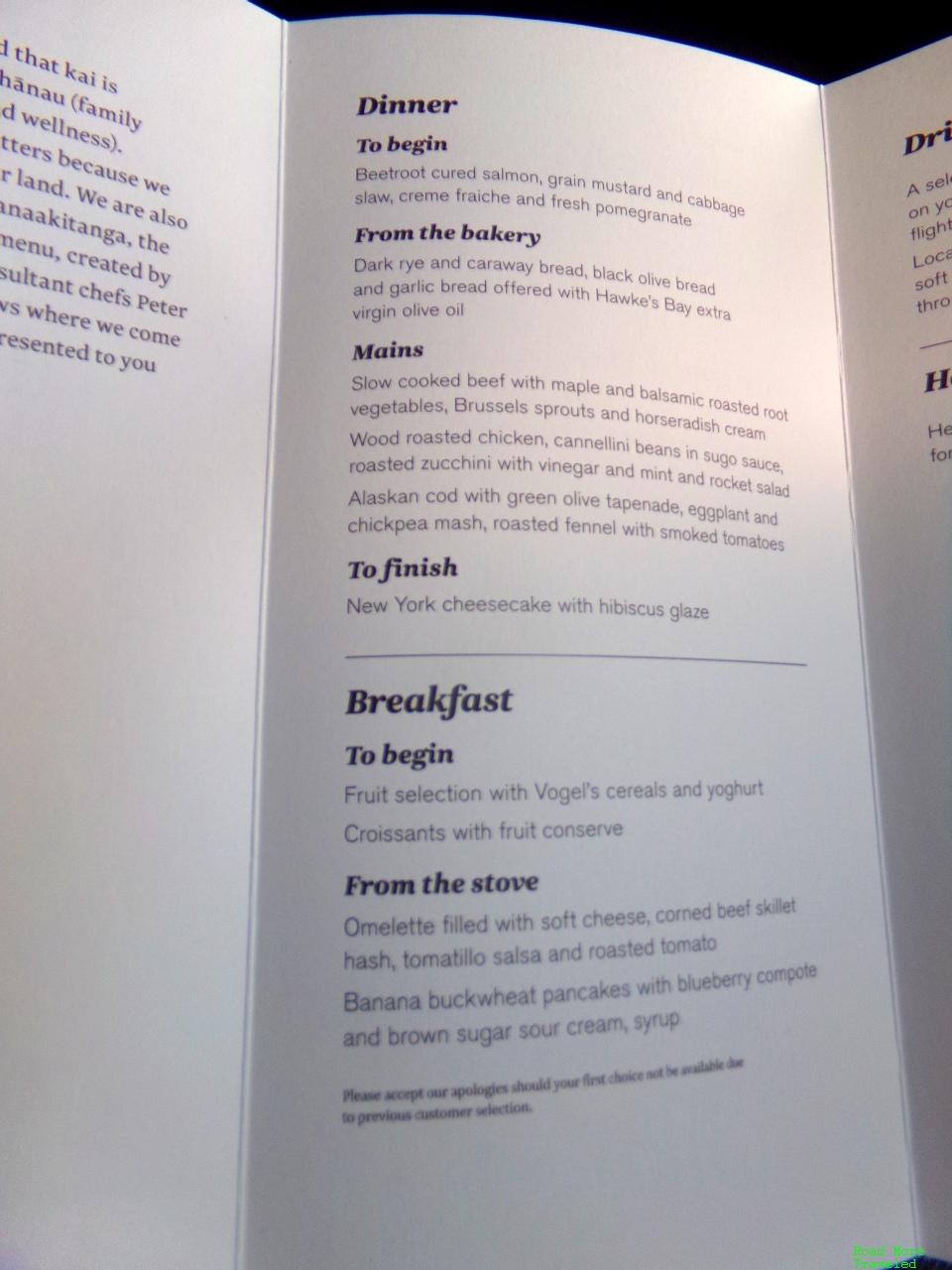 Air New Zealand Premium Economy menu