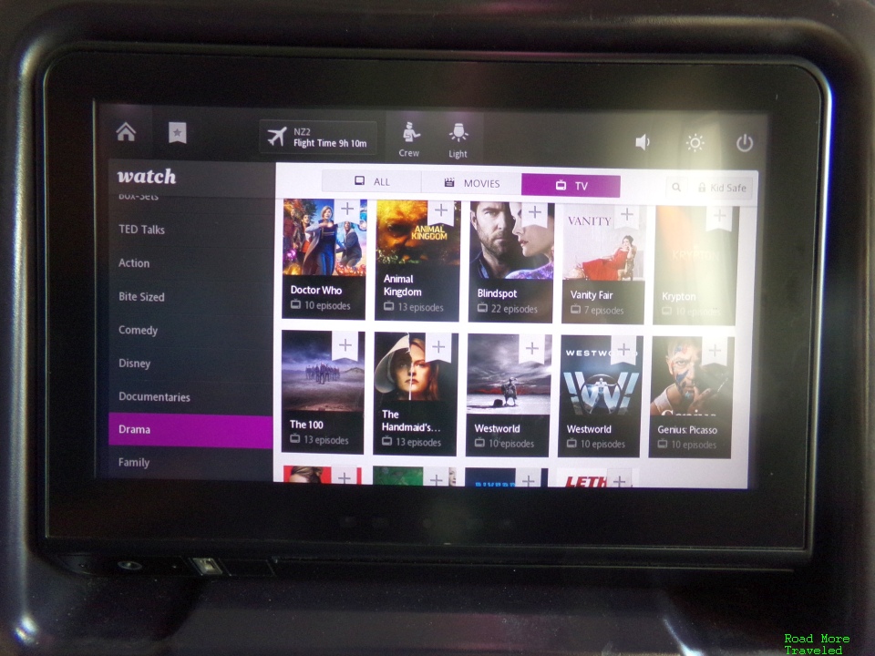 Air New Zealand Premium Economy TV selection