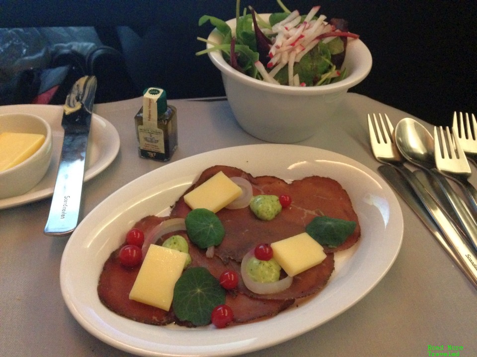 SAS Business Class appetizer - air dried beef and cheese