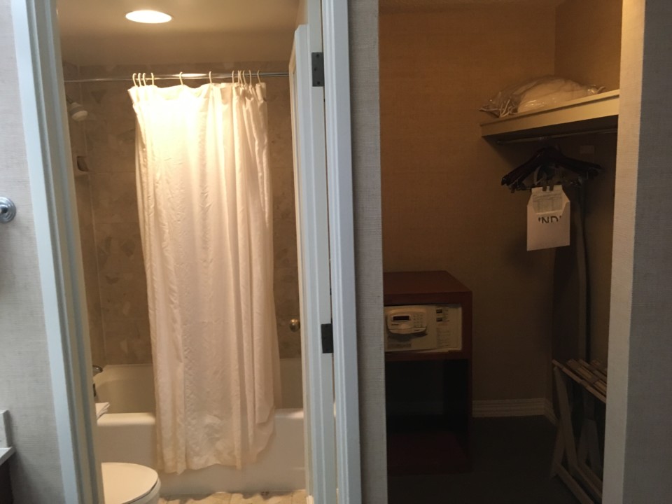 a bathroom with a shower curtain and a bathtub