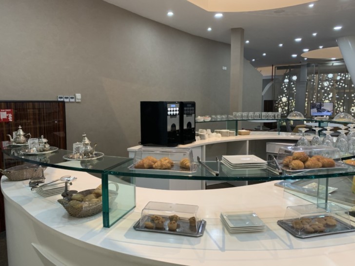 a buffet table with food on it
