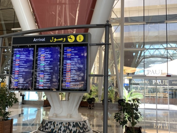 a screen with information in the middle of a building