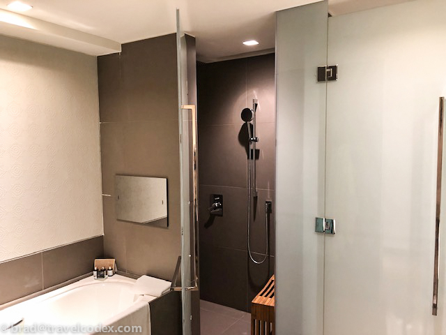 a bathroom with a shower and a bathtub
