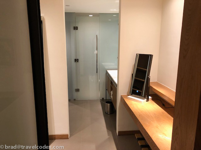a room with a glass door