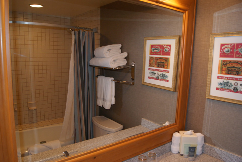 a bathroom with a mirror and towels